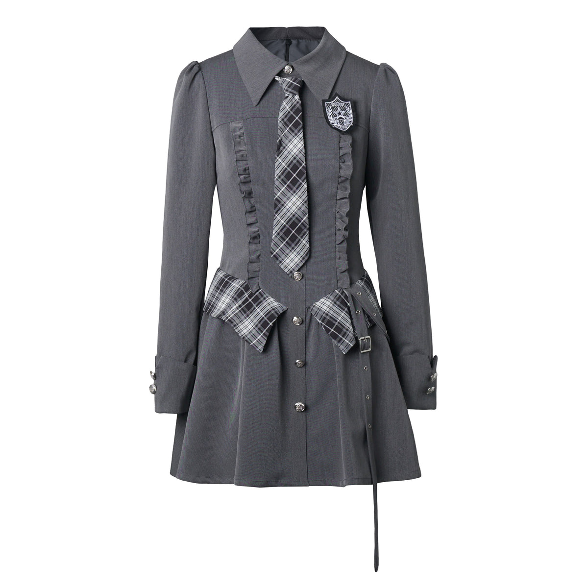 Plaid Tie Long Sleeve Shirt Dress PIN0061
