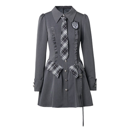 Plaid Tie Long Sleeve Shirt Dress PIN0061