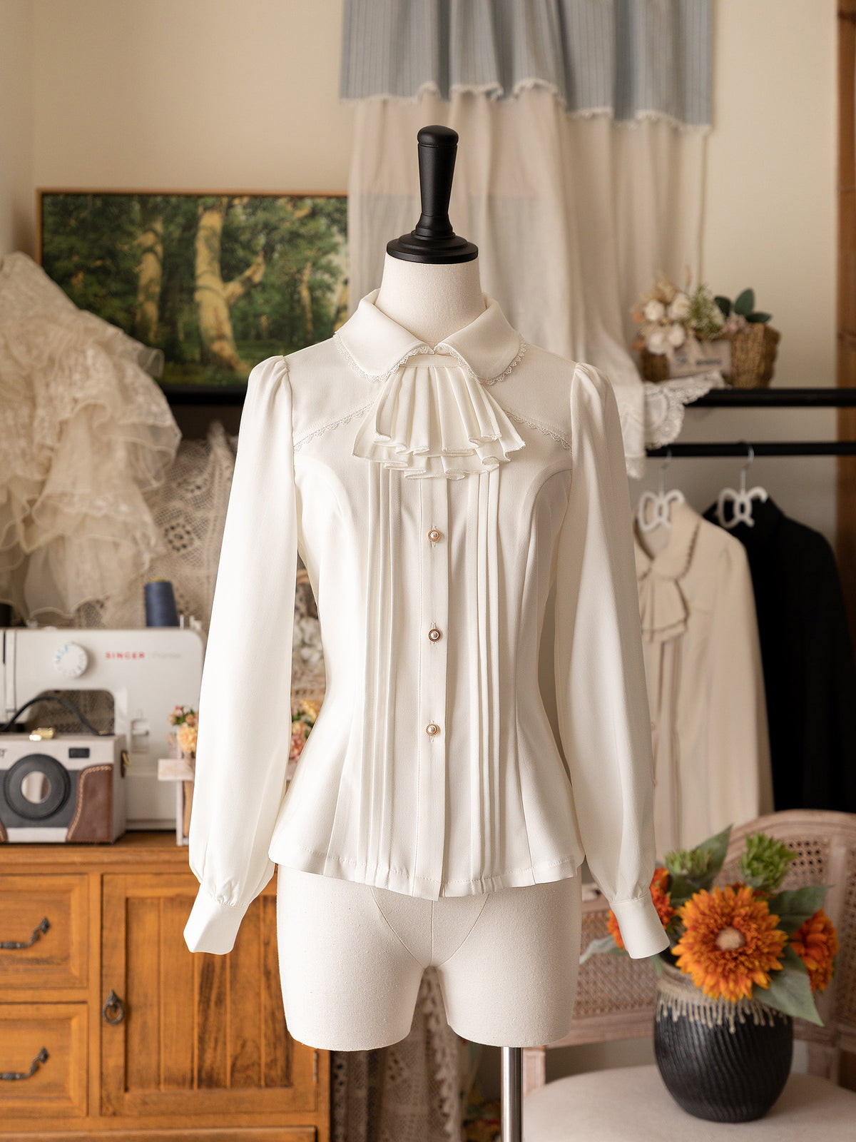 Vintage Ribbon Collar Pintuck Blouse FOR0065