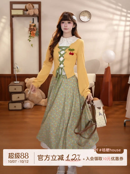 Vintage Lace-Up Cardigan Floral Midi Skirt Set BEL0042