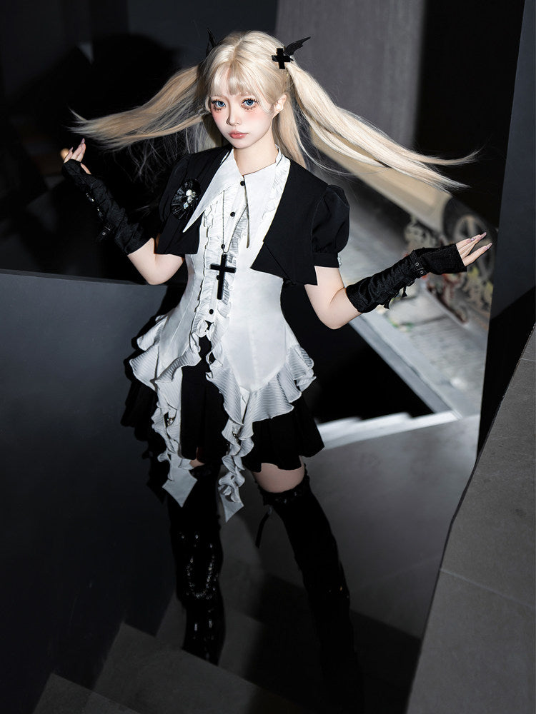 Black White Gothic Lolita Blouse Skirt Set YOU0290