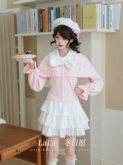 Fur Collar Striped Knit Top With Tiered Skirt LAL0163