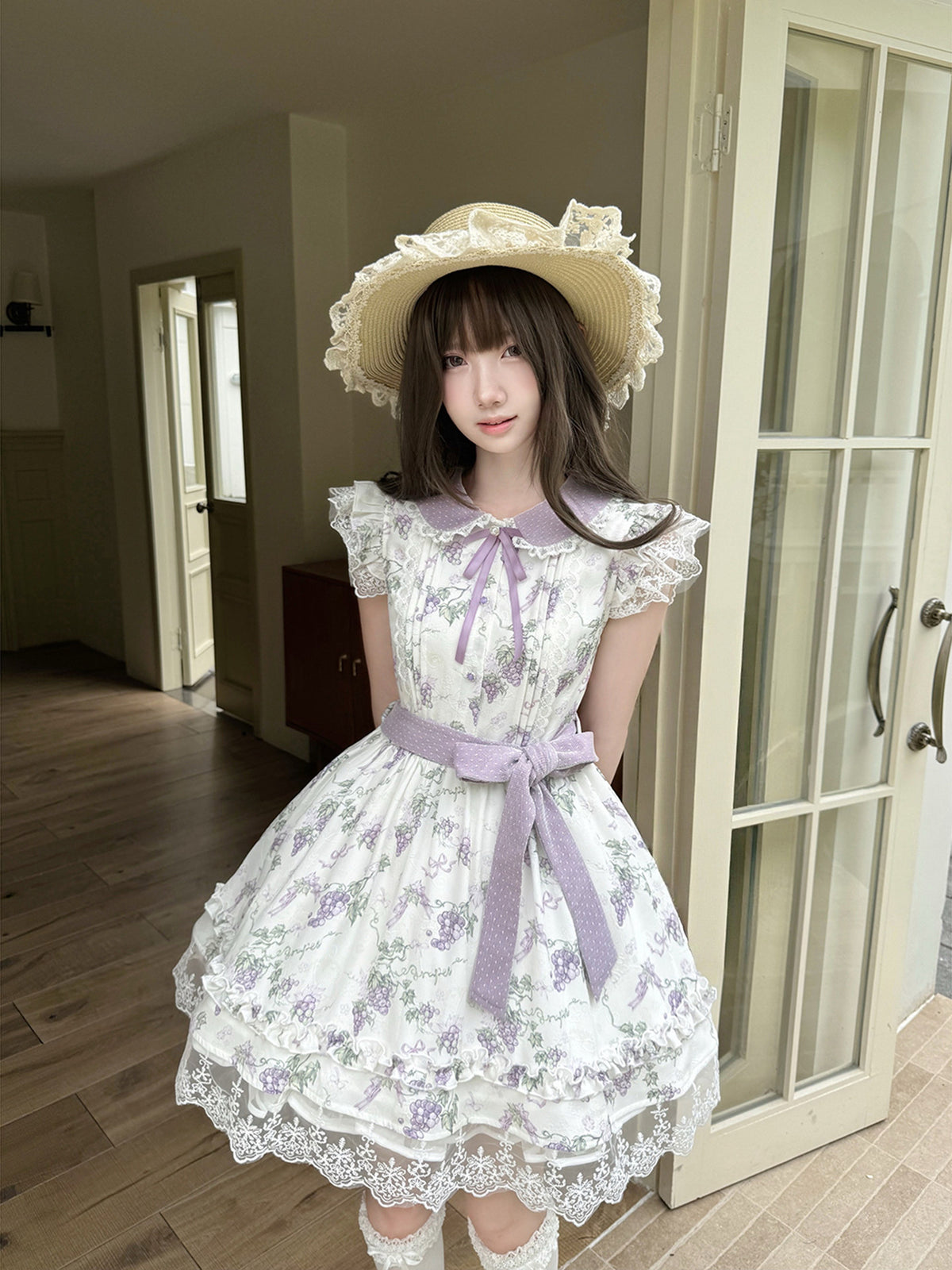 Grape Floral Doll Collar Lace Hem Dress LAL0228