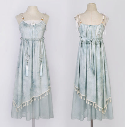 Tie-Dye Mint Camisole Dress With Crochet Shawl YOU0282