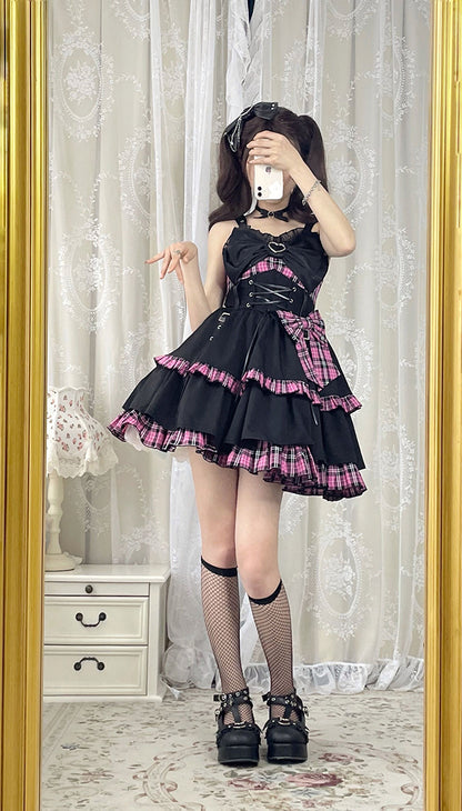 【12月5日予約締切】Checkered Contrast Leather Buckle Waist Slimming Suspender Dress ALI0003