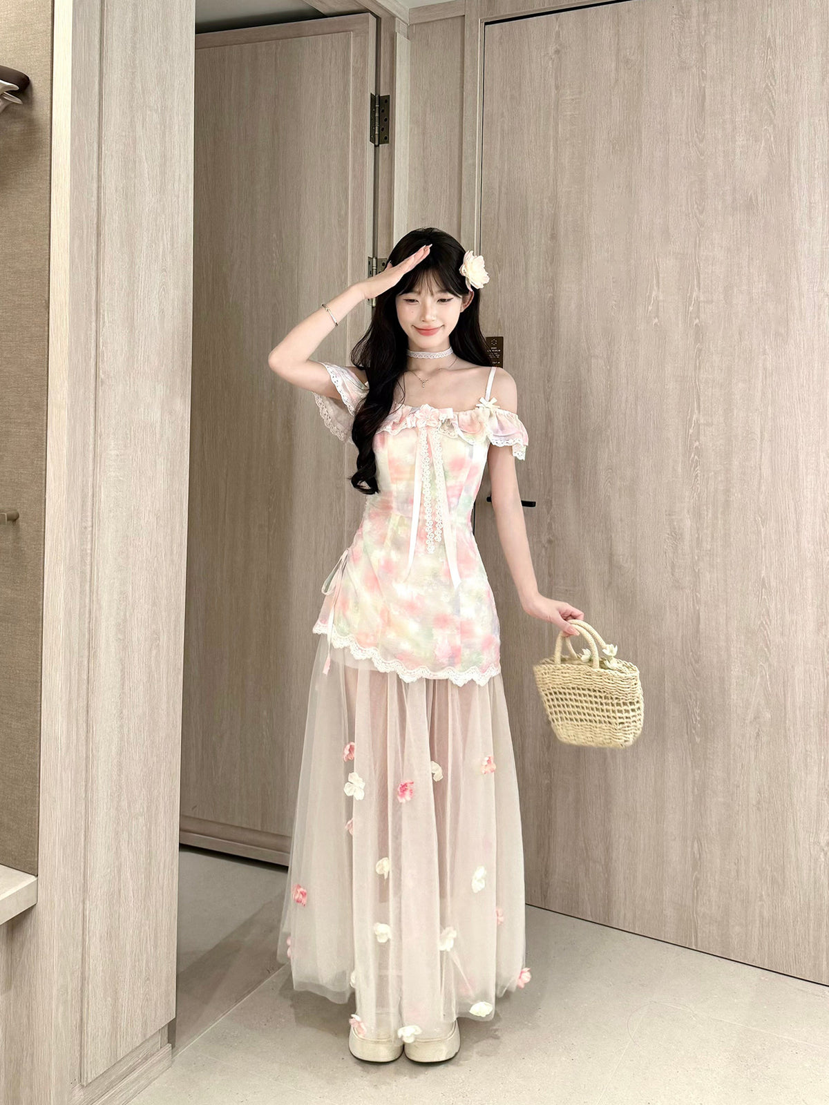 Floral Mesh Off Shoulder Maxi Dress BEL0030