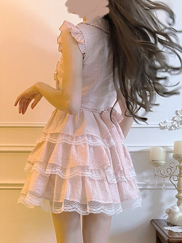Ruffle Lace Tiered Dress With Bow-Tie LAL0248