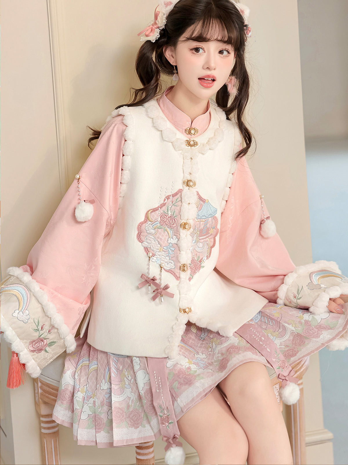Chinese Style Floral Embroidered Vest Top Pleated Skirt Set YOU0265
