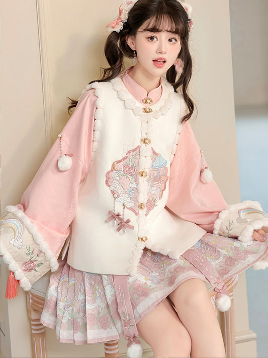 Chinese Style Floral Embroidered Vest Top Pleated Skirt Set YOU0265