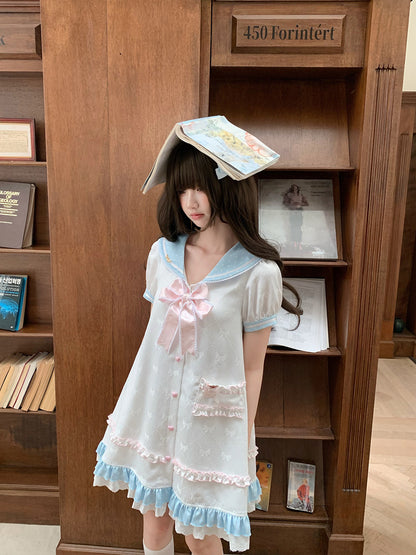 Sailor Collar Puff Sleeve Dress With Ruffle Hem LAL0190