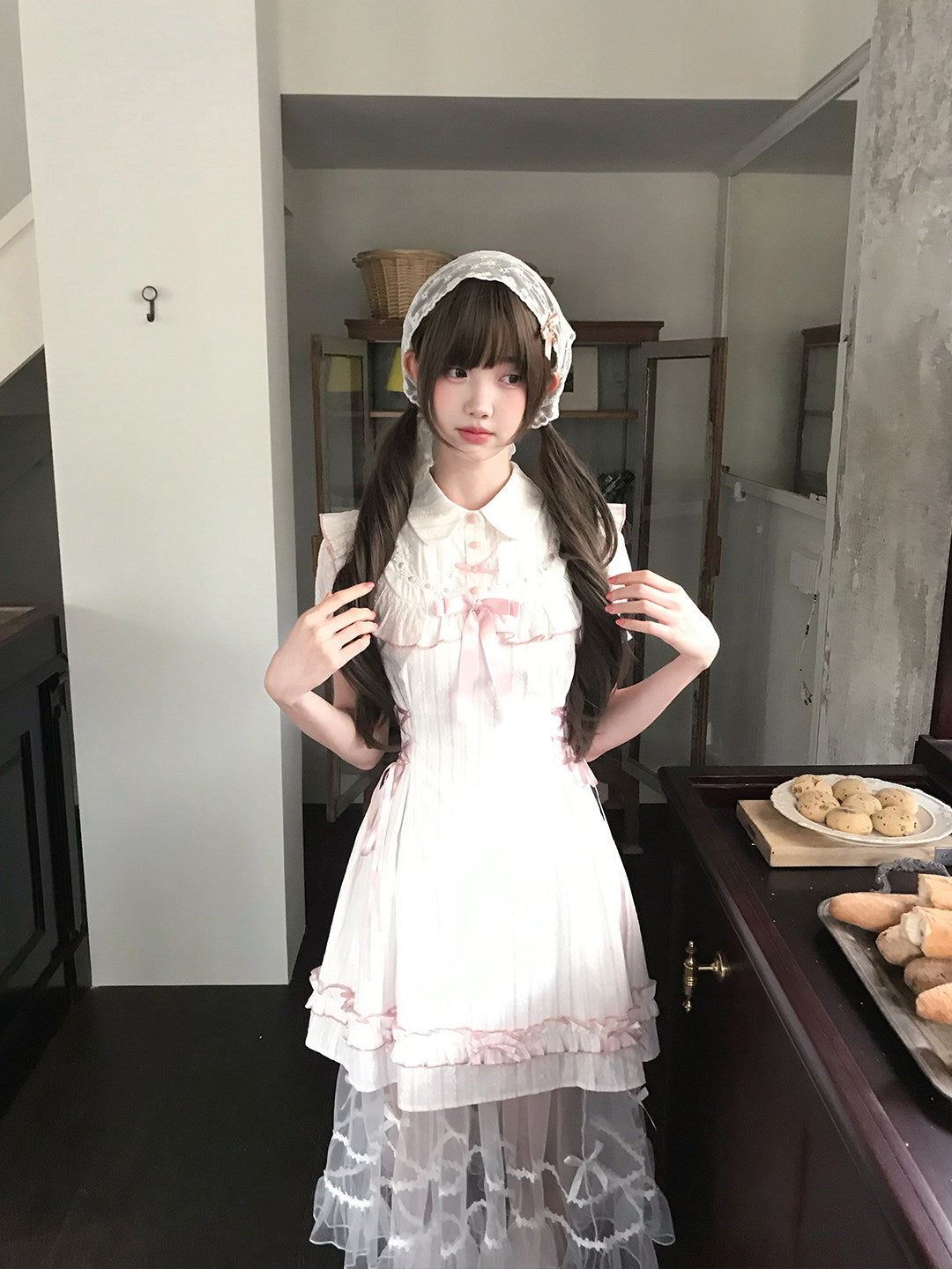 Ivory Pinstripe Ruffle Lolita Dress With Ribbon LAL0183