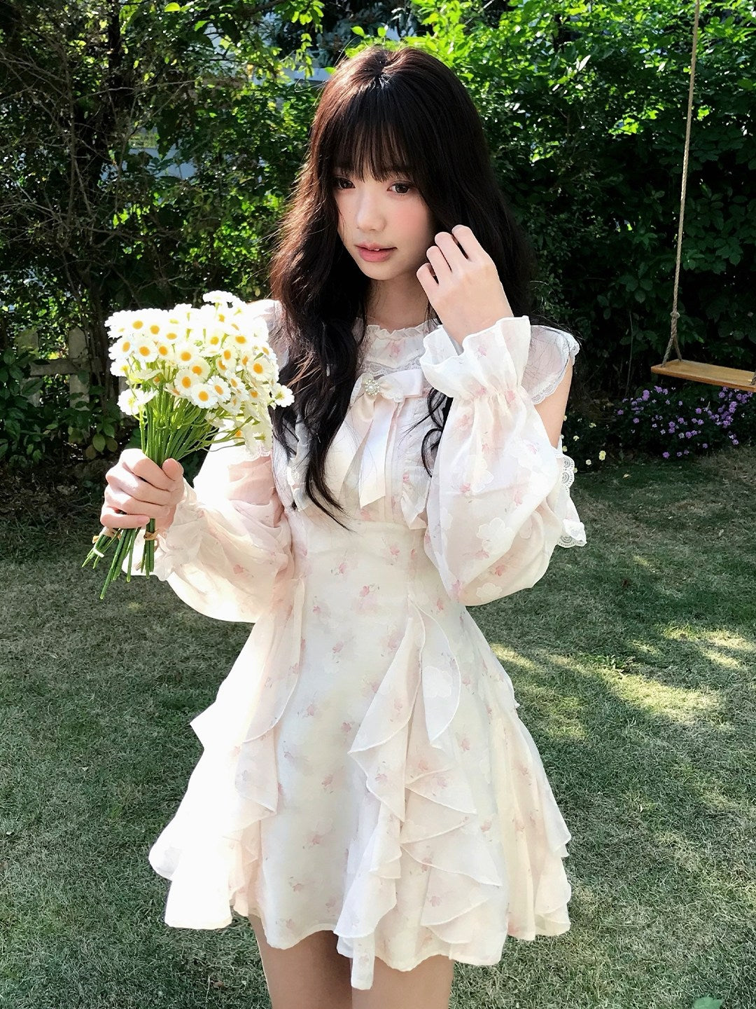Floral Chiffon Ruffle Puff Sleeve Dress LAL0175