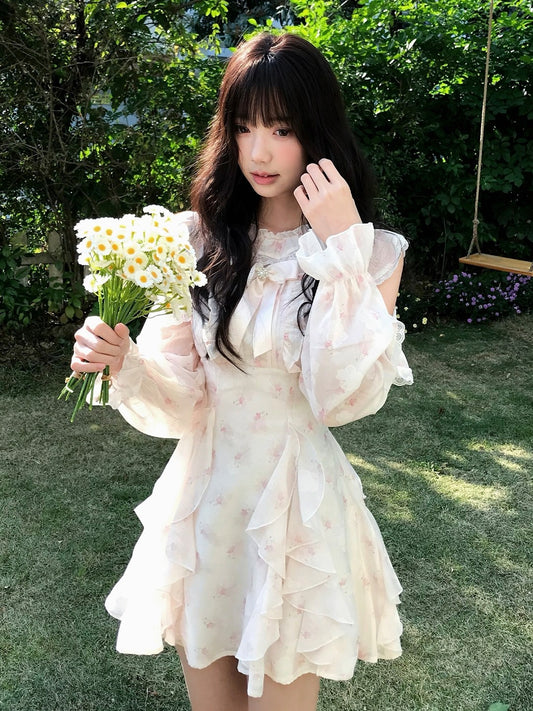 Floral Chiffon Ruffle Puff Sleeve Dress LAL0175