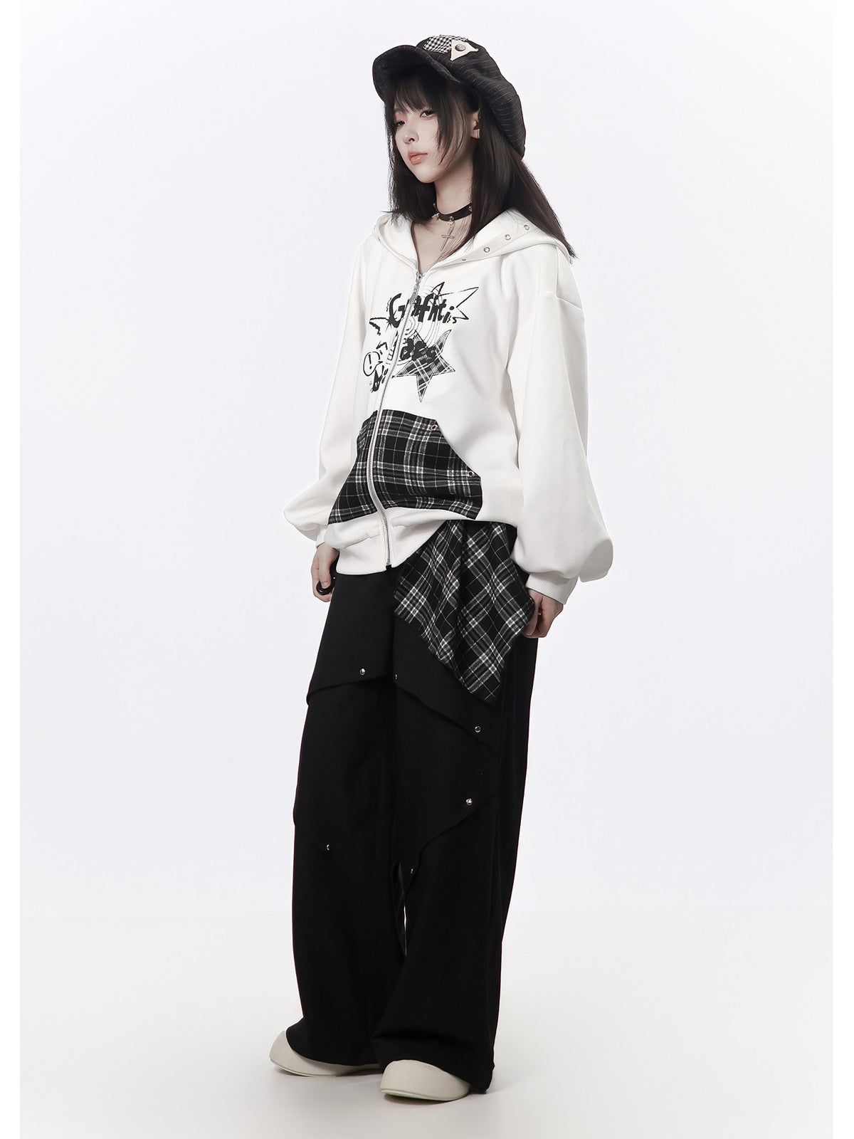 Plaid Shawl Collar Hooded Sweatshirt PIN0060