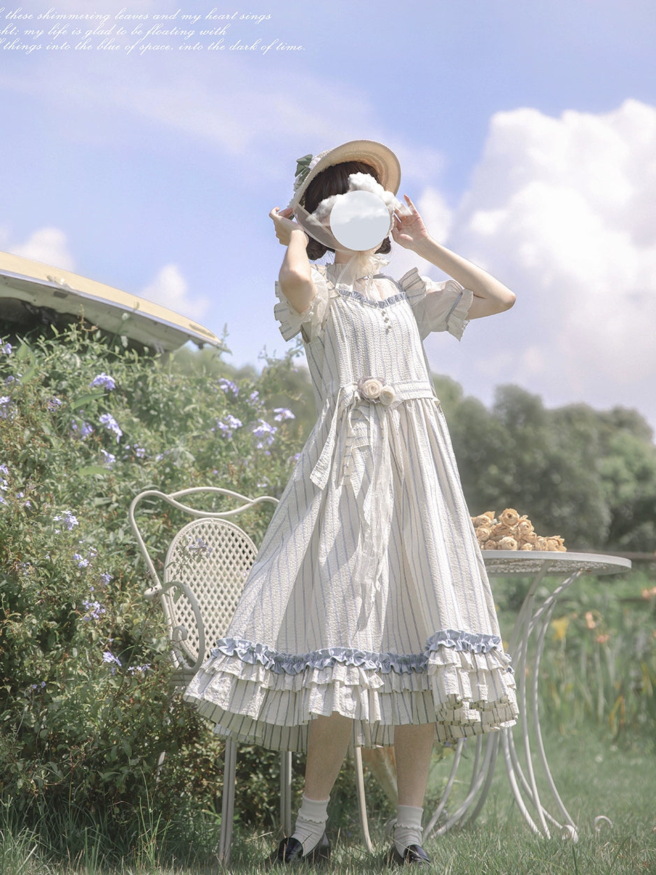 Sweet Puff Sleeve Shirt & Stripe Suspender Skirt HUT0068