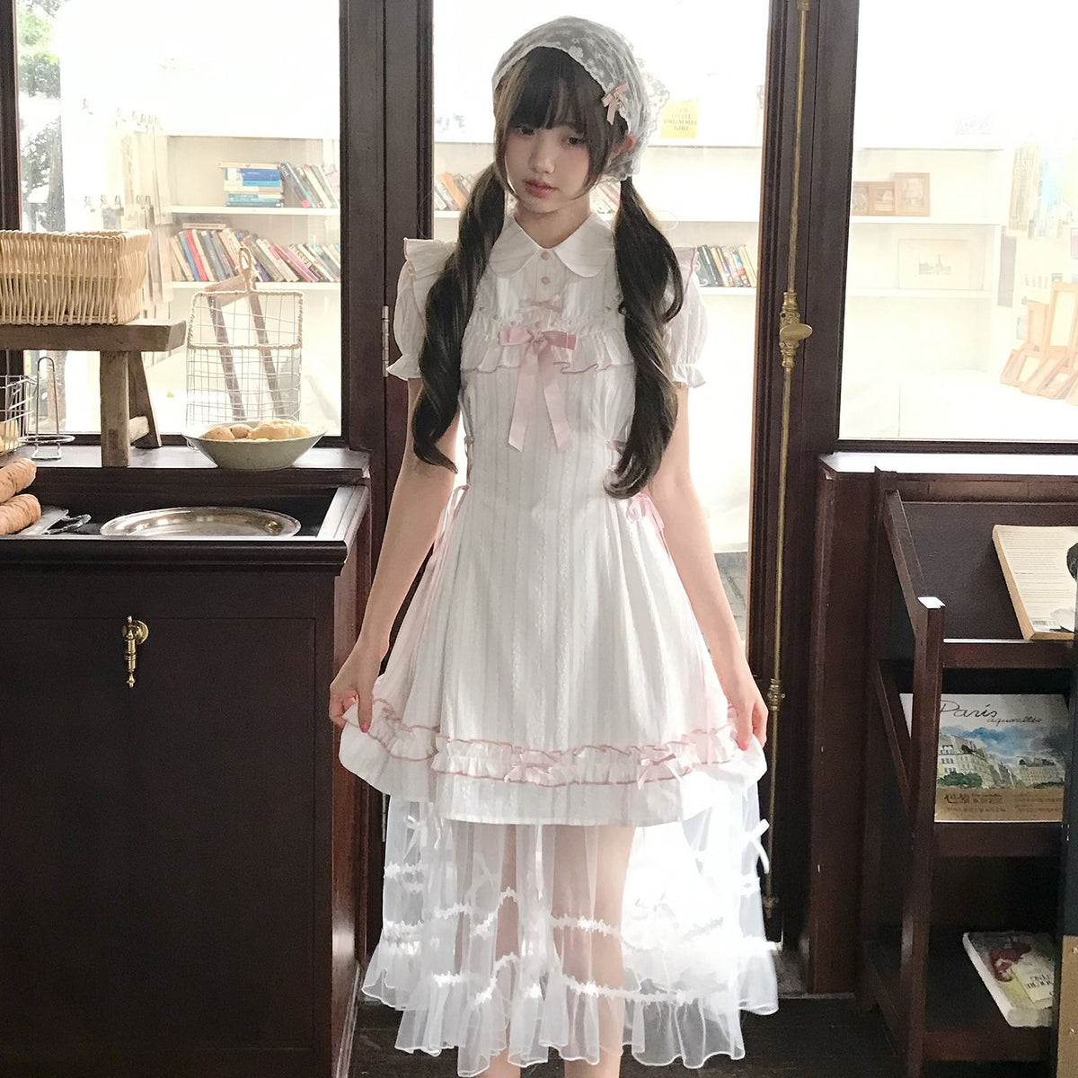 Ivory Pinstripe Ruffle Lolita Dress With Ribbon LAL0183