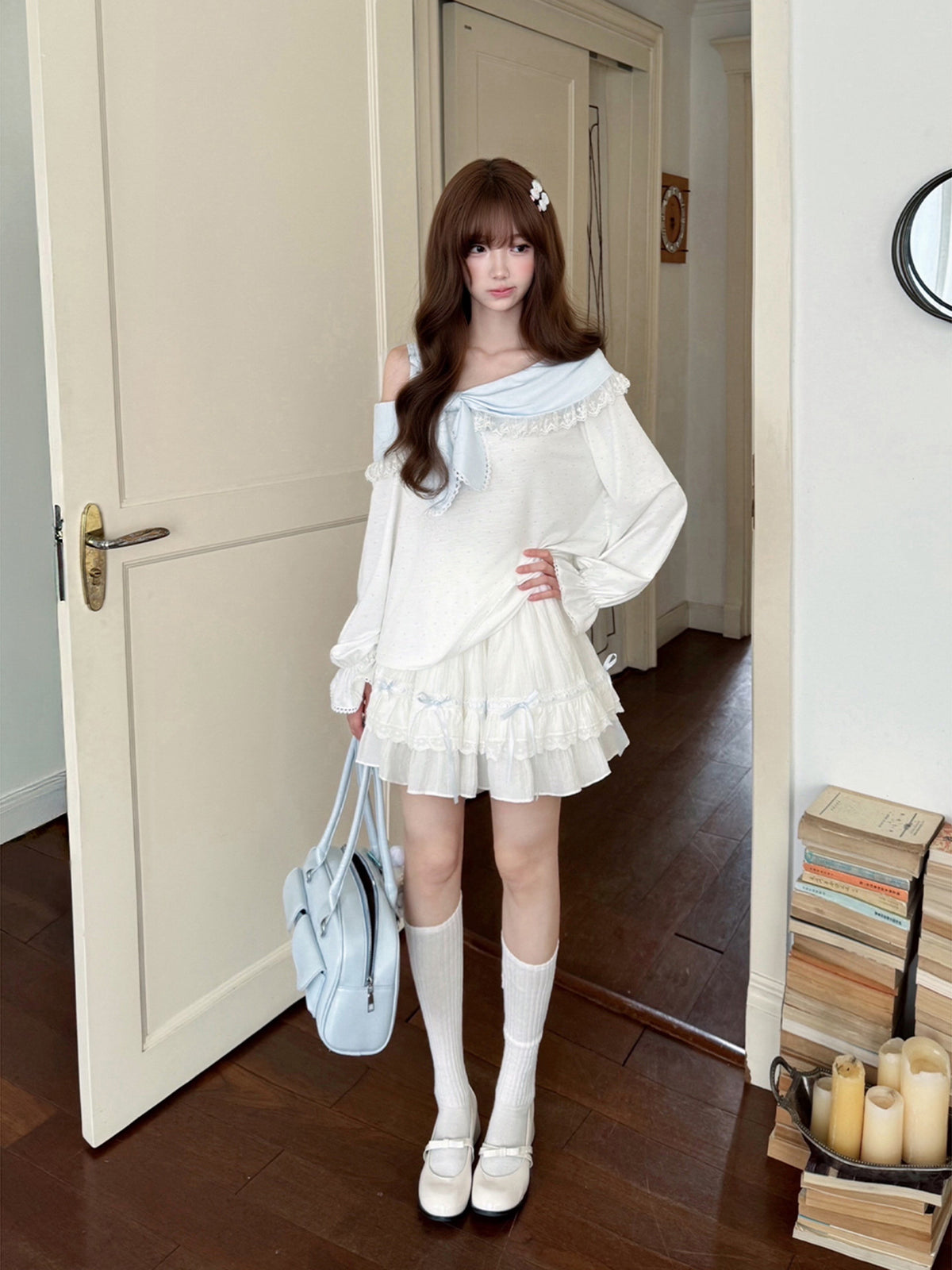 Off Shoulder Bow Collar Ruffle Top LAL0239