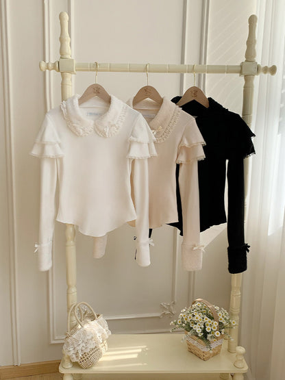 Lace Collar Bow Knit Blouse WIT0297