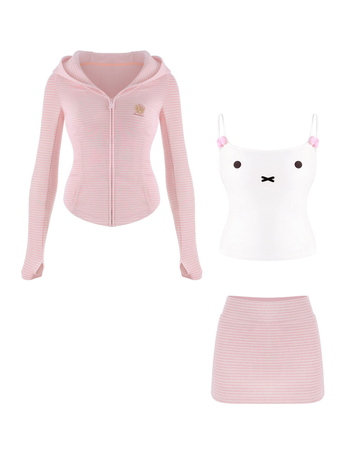 Bear Ear Hooded Pink Striped Jacket And Skirt Set SER0155