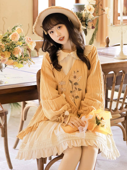 Sunflower Embroidery Frill Dress YOU0168