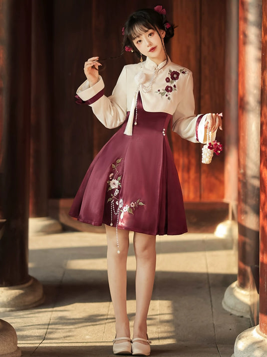 Embroidered flowers Short Jacket and Red China Dress YOU0011