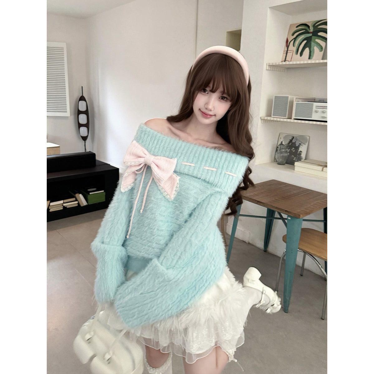Off Shoulder Fuzzy Knit Bow Sweater LAL0238