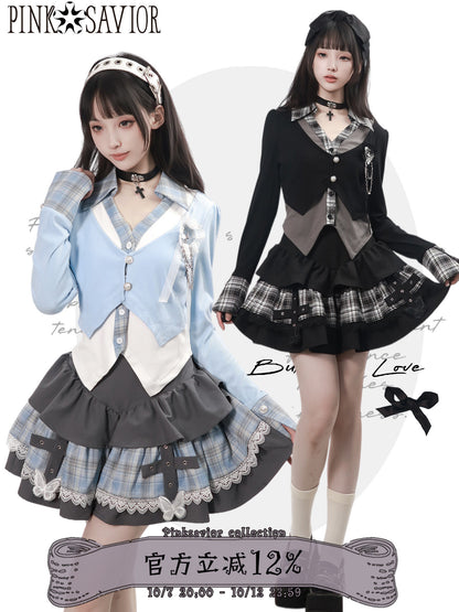 Vintage Layered Blazer And Plaid Cake Skirt PIN0055