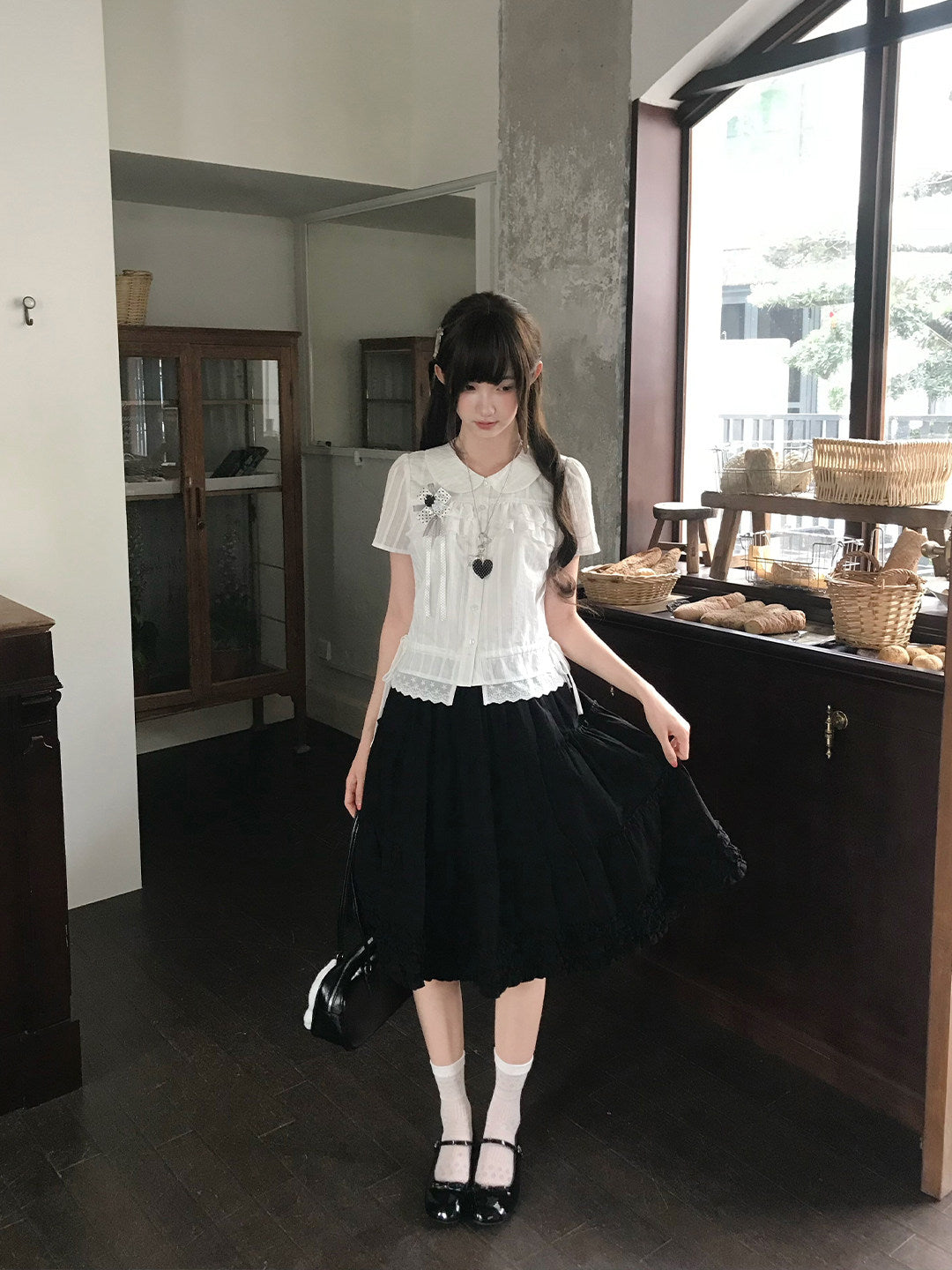 Peter Pan Collar Blouse With Pleated Skirt Set LAL0187