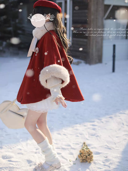 Fluffy Fur Red Wool Cape Coat HUT0129