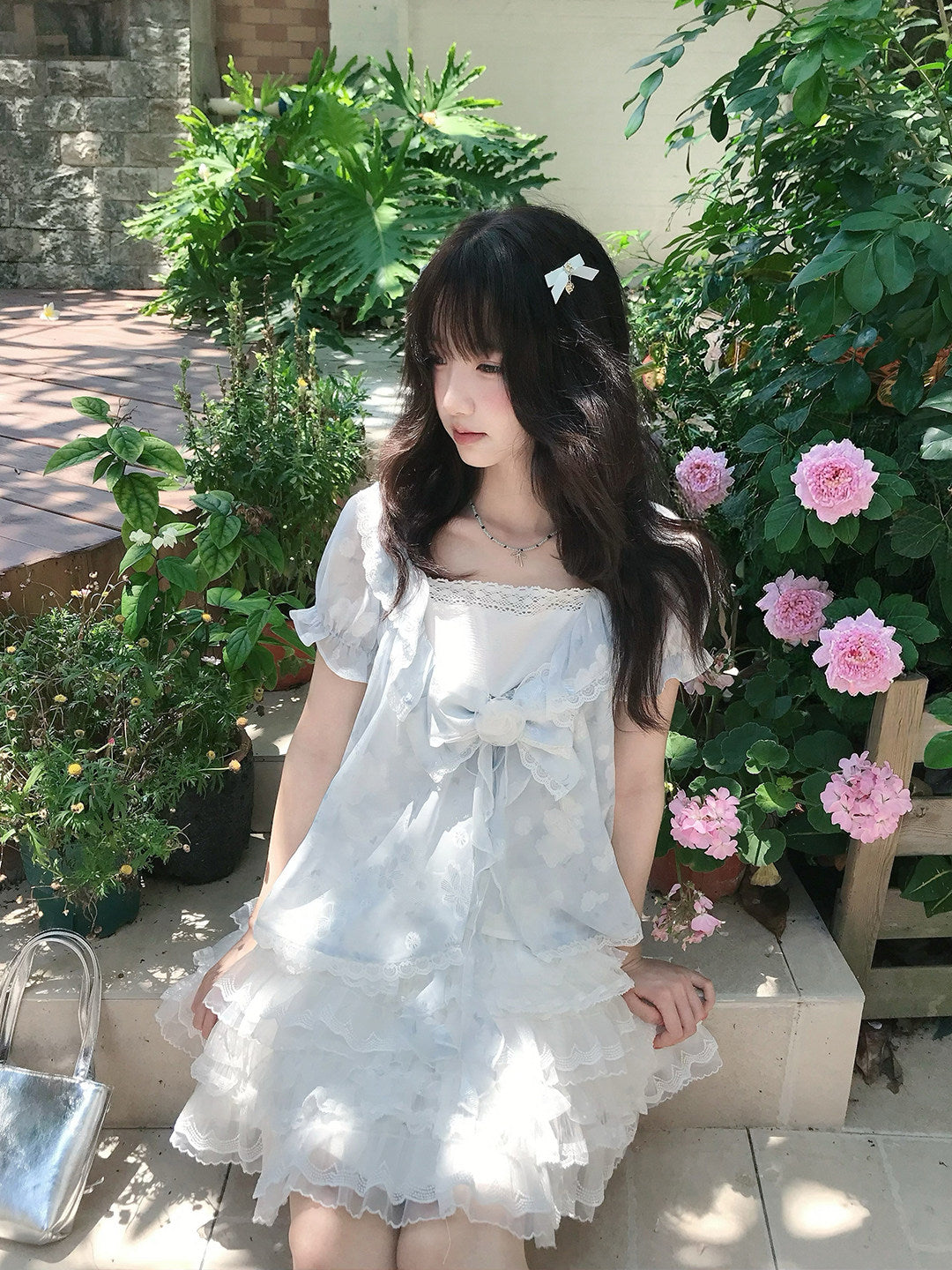 Floral Puff Sleeve Lace Trim Blouse LAL0199