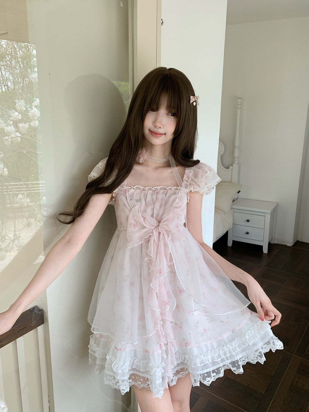 Square Neck Puff Sleeve Lace Tulle Dress LAL0191