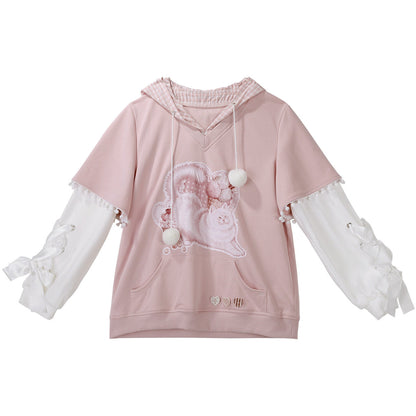Heart Bow Cat Print Hoodie With Pleated Skirt YOU0315