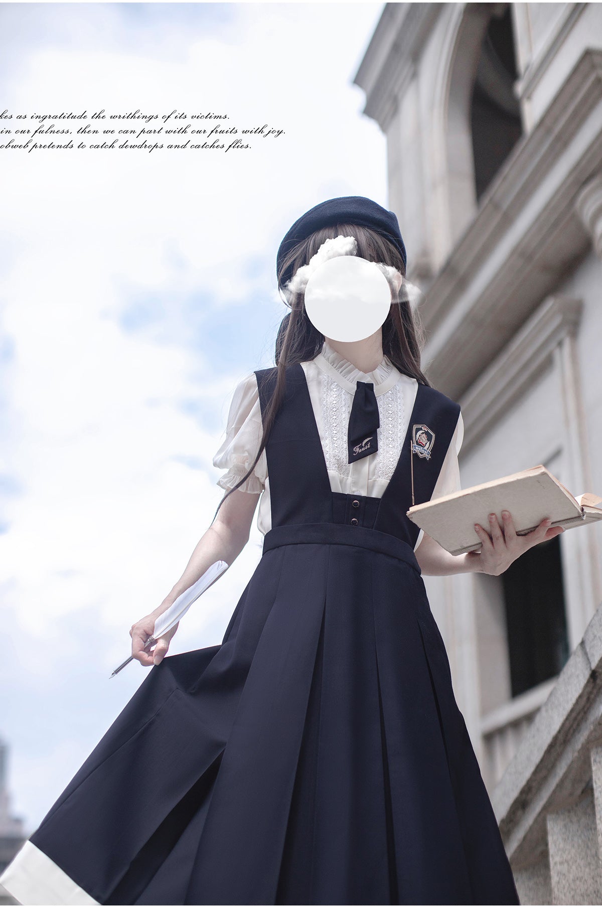 Elegant Puff Sleeve Inner Shirt & Navy Skirt  HUT0094