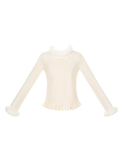 Fur Trim Ruffle Hem Knit Top WIT0299