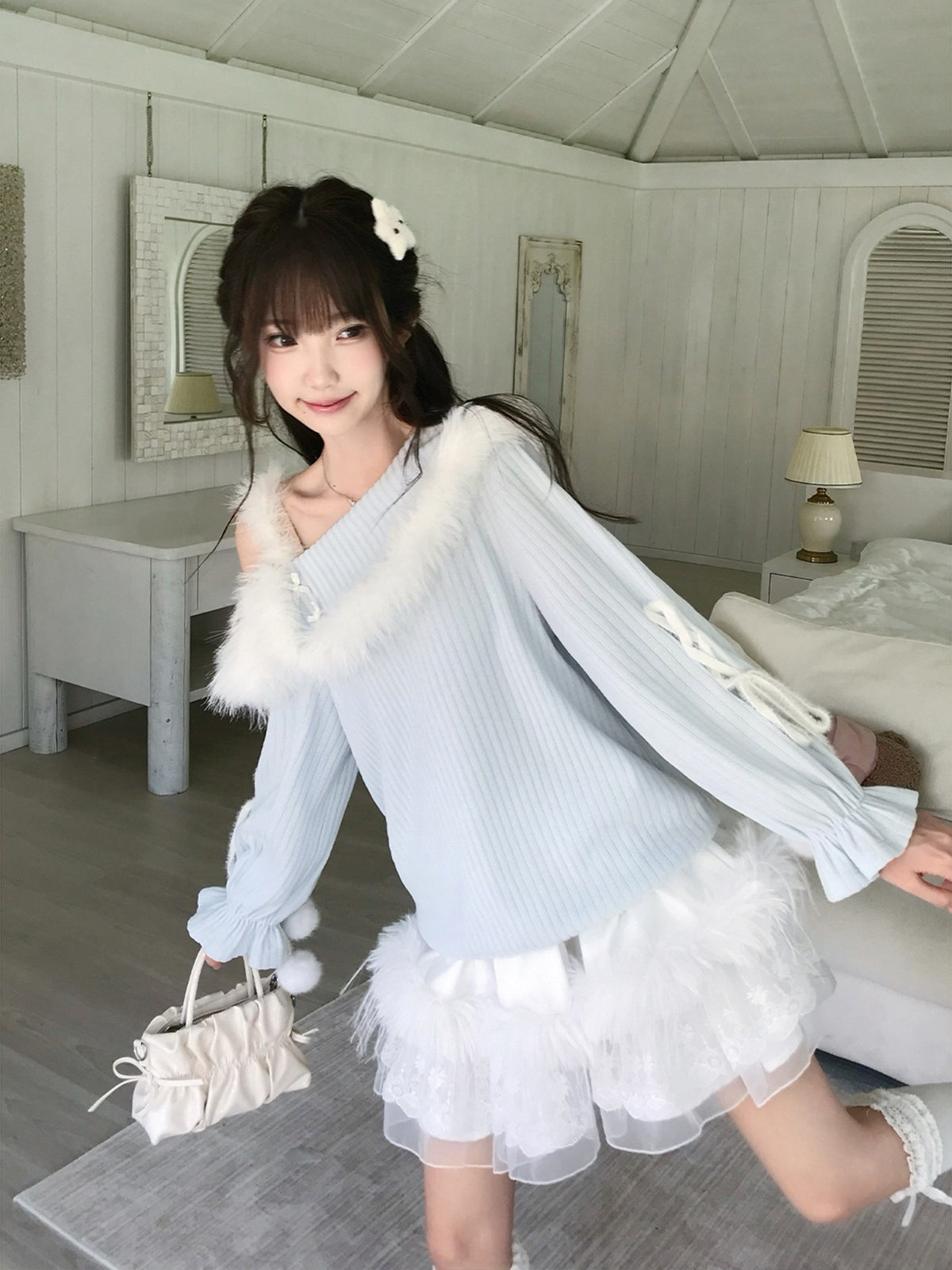 Off Shoulder Fur Trim Knit Sweater LAL0140
