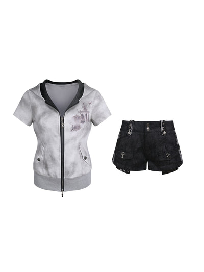 Tie Dye Hooded Zip Jacket Leopard Shorts SER0163
