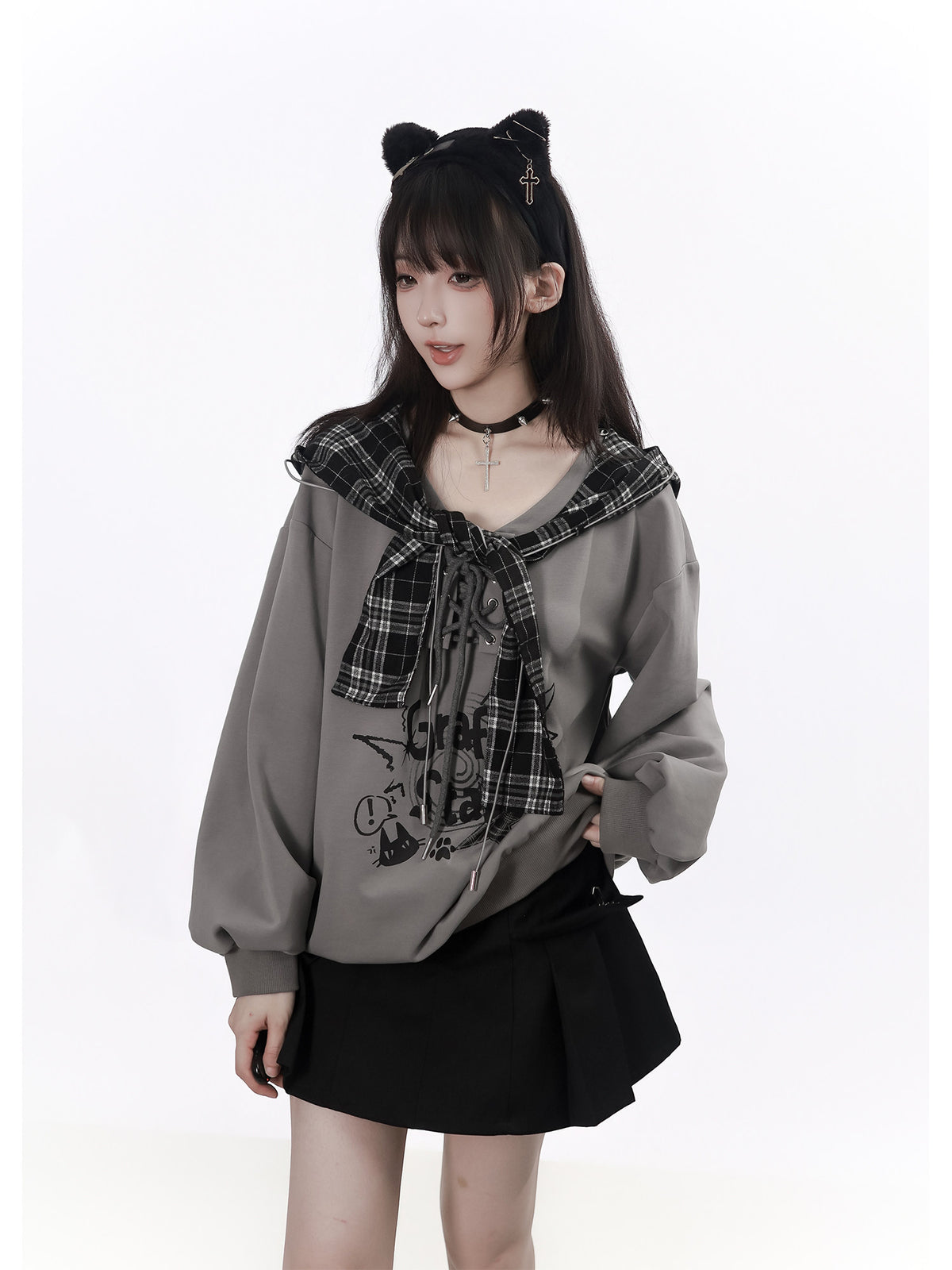 Plaid Shawl Collar Hooded Sweatshirt PIN0060