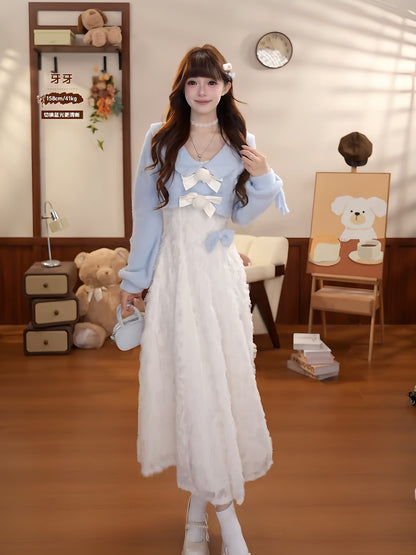 Ribbon Bow Knit Cardigan Lace Dress Set BEL0020