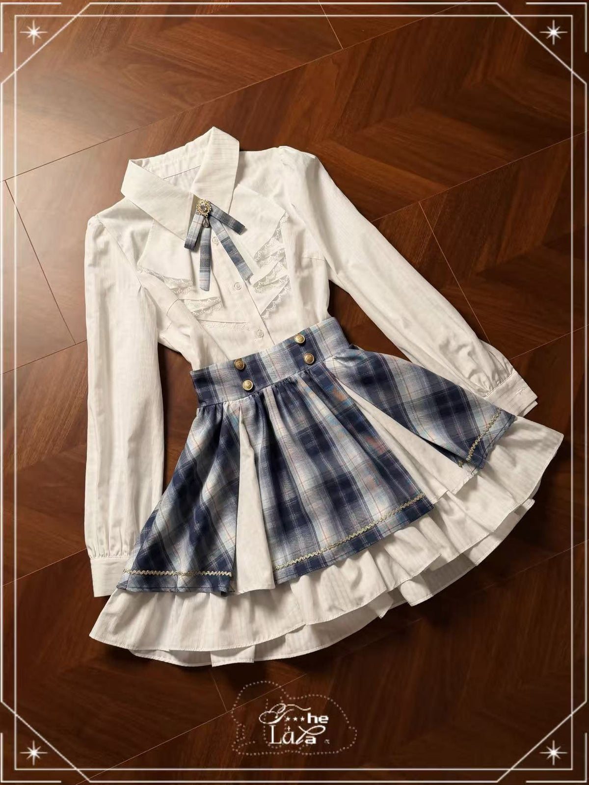 Plaid Cape Bow Blouse With Tiered Skirt LAL0167