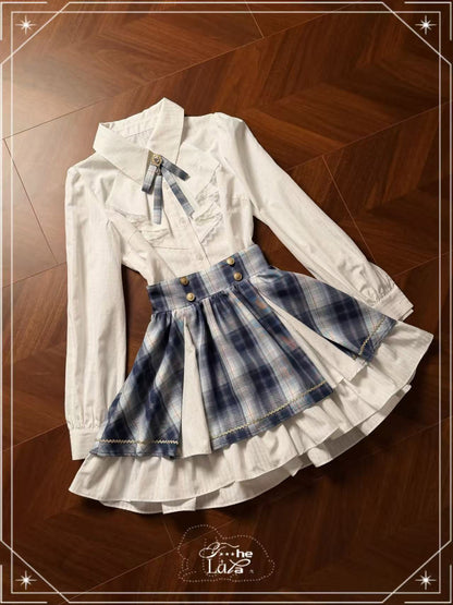 Plaid Cape Bow Blouse With Tiered Skirt LAL0167