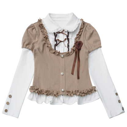 Puff-Sleeve Faux Two-Piece Knit Top And Tiered Skirt Set PIN0024