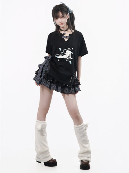 Graphic Print Tee And Plaid Tiered Skirt PIN0048