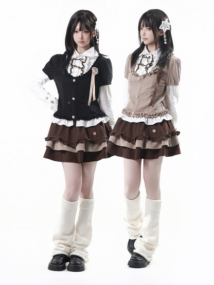 Puff-Sleeve Faux Two-Piece Knit Top And Tiered Skirt Set PIN0024
