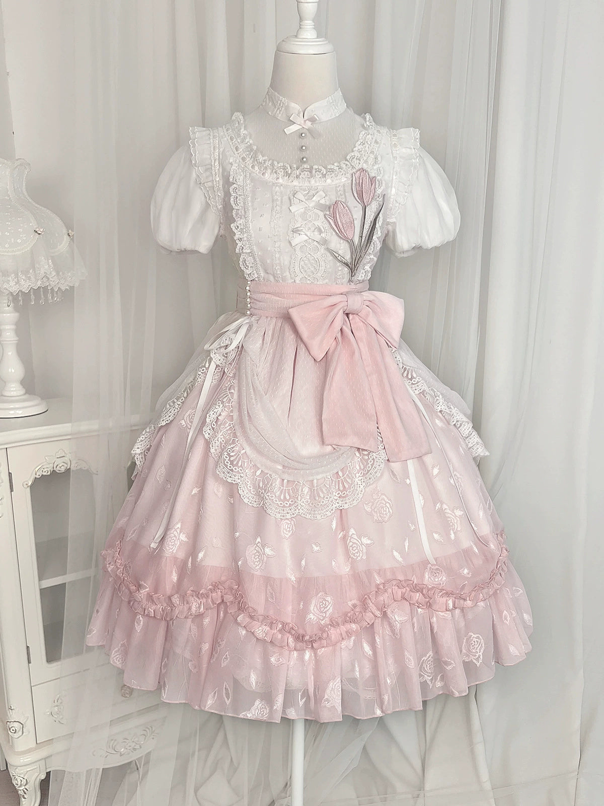 Tulip Embroidery Sweet Pink Ribbon Lolita Dress YOU0037