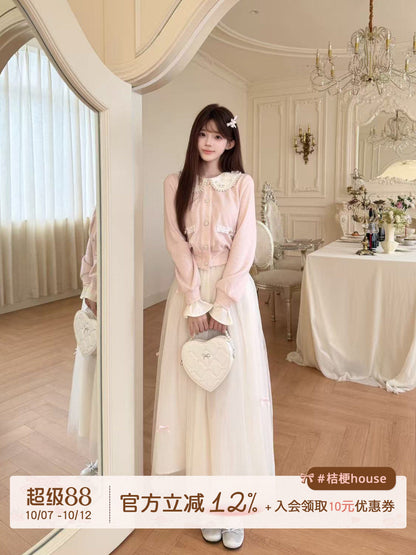 Doll Collar Knit Cardigan Mesh Skirt Set BEL0043