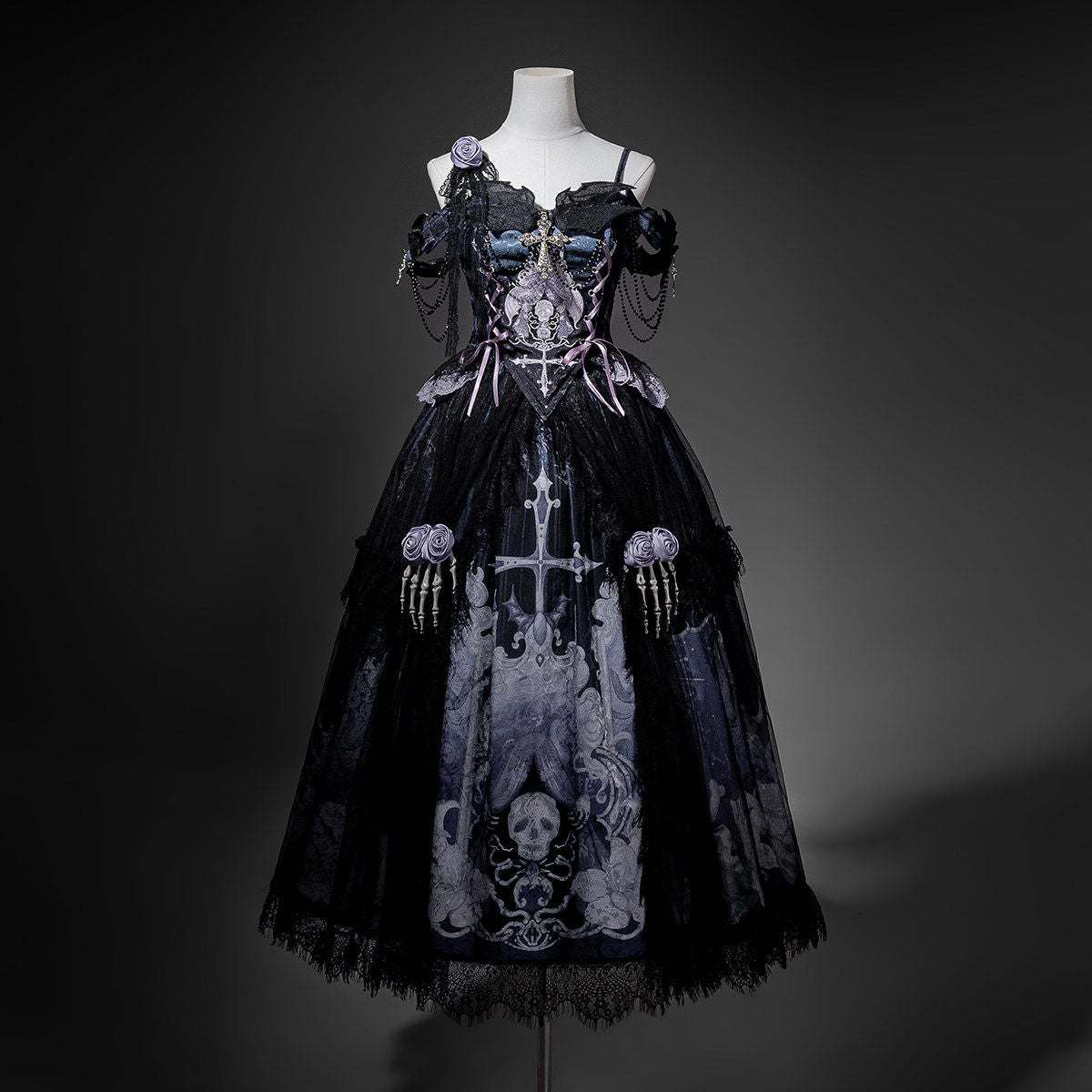 Black Gothic Off-Shoulder Skull Print Lolita Dress YOU0309