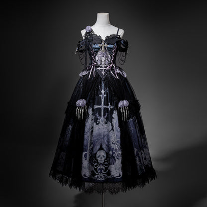 Black Gothic Off-Shoulder Skull Print Lolita Dress YOU0309