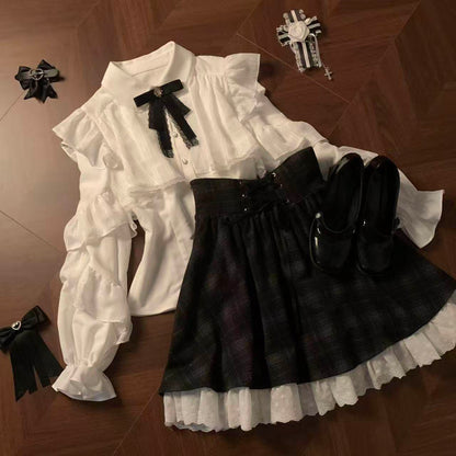 Ruffle Collar Bow Blouse With Plaid Skirt Set LAL0165