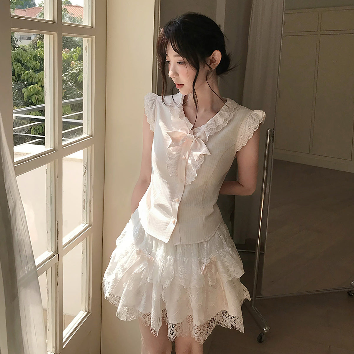 Sweet Bow Lace Doll Collar Puff Sleeve Dress LAL0225