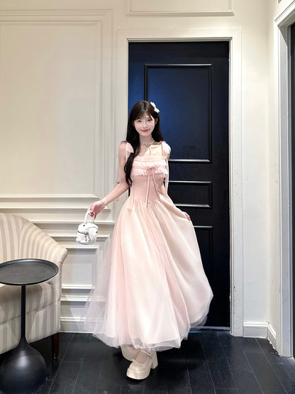 Pink Tulle Ruffle Waist Maxi Dress BEL0029